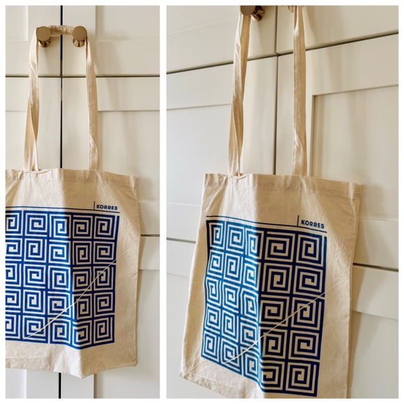 KORRES Cotton Canvas Blue Greek Key Pattern Book Bag Tote - Picture 4 of 10